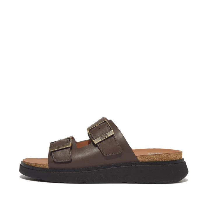 FitFlop Gen-FF Buckle Two-Bar Leather Slides Chocolate Brown