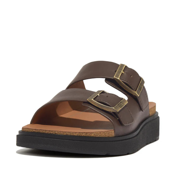 FitFlop Gen-FF Buckle Two-Bar Leather Slides Chocolate Brown