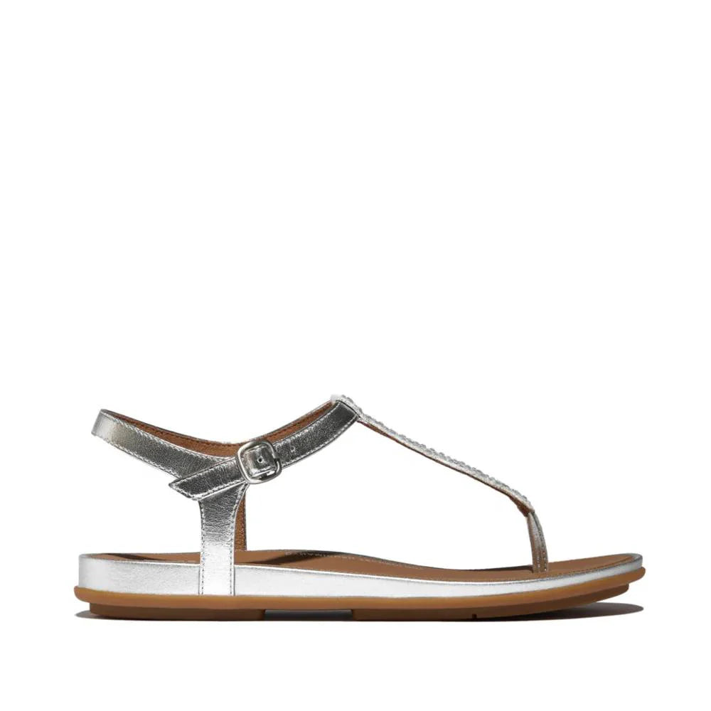 FitFlop Gracie Crystal-Mix Leather T-Bar Sandals Silver