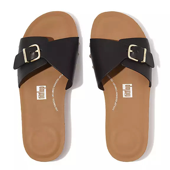 FitFlop - IQushion Adjustable Buckle Leather Slide Black