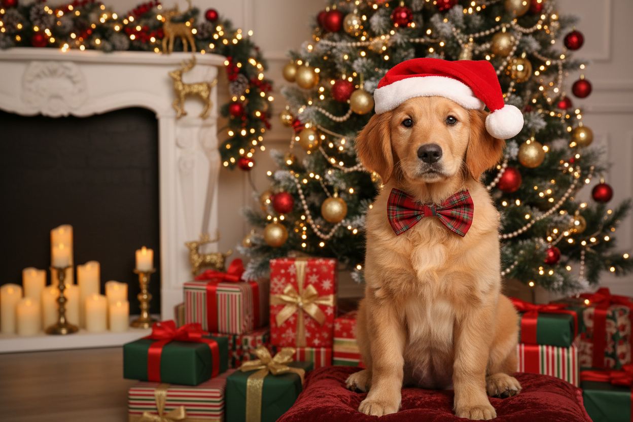 Cute dog with christmas hat and bow tie with christmas background