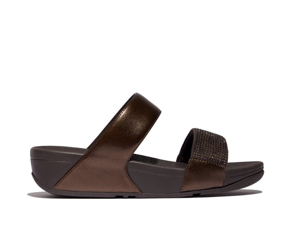 FitFlop Lulu Crystal Slide Sandals Metallic Chocolate Brown - Shopping4Africa