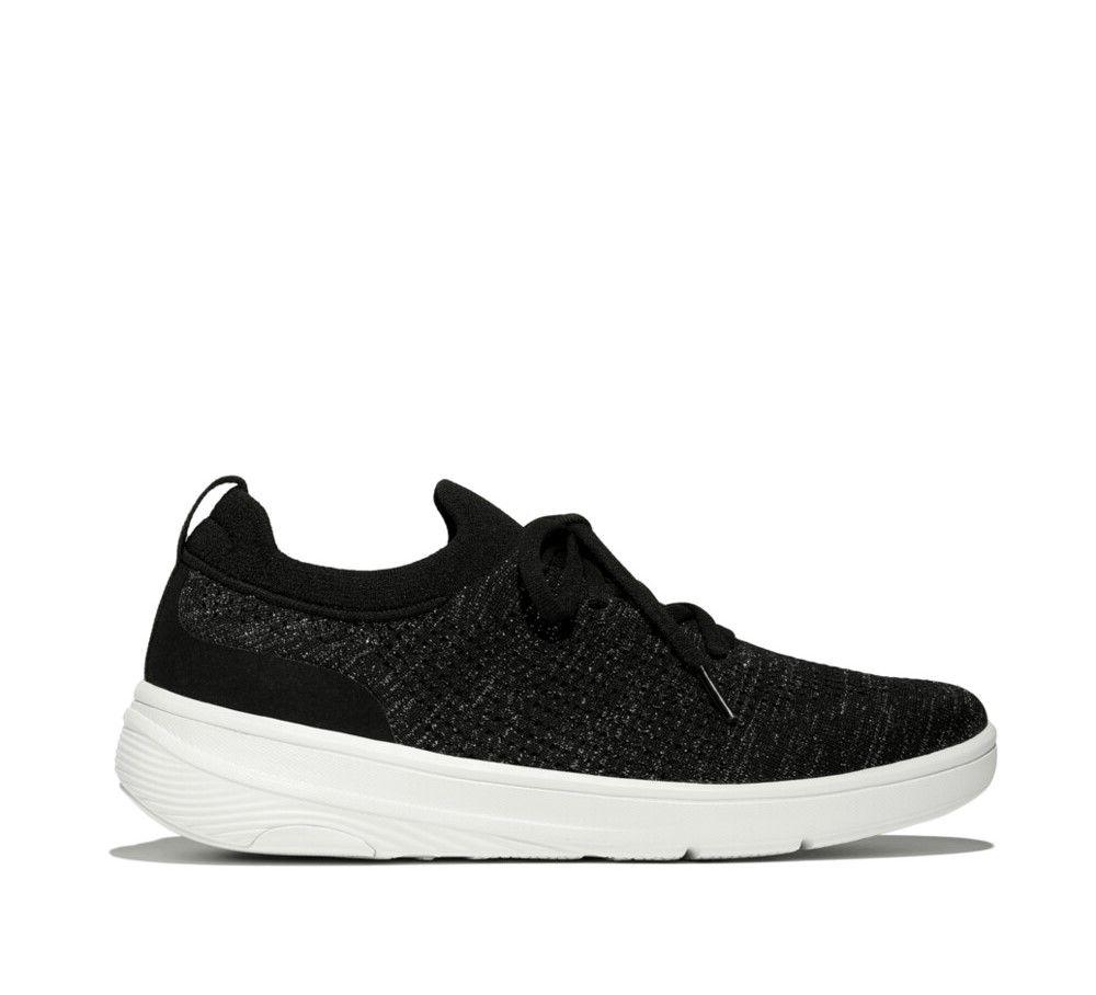 FitFlop SUPER - Q Knit Slip - On Laced Trainers Sneaker Black/ Silver - Shopping4Africa