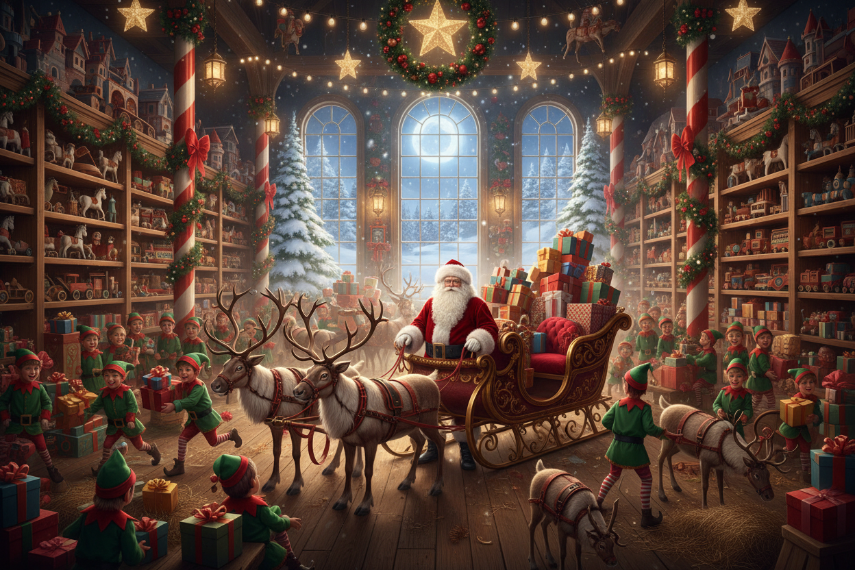 Santa warehouse with santa and sleigh, the reindeer and elves carrying presents