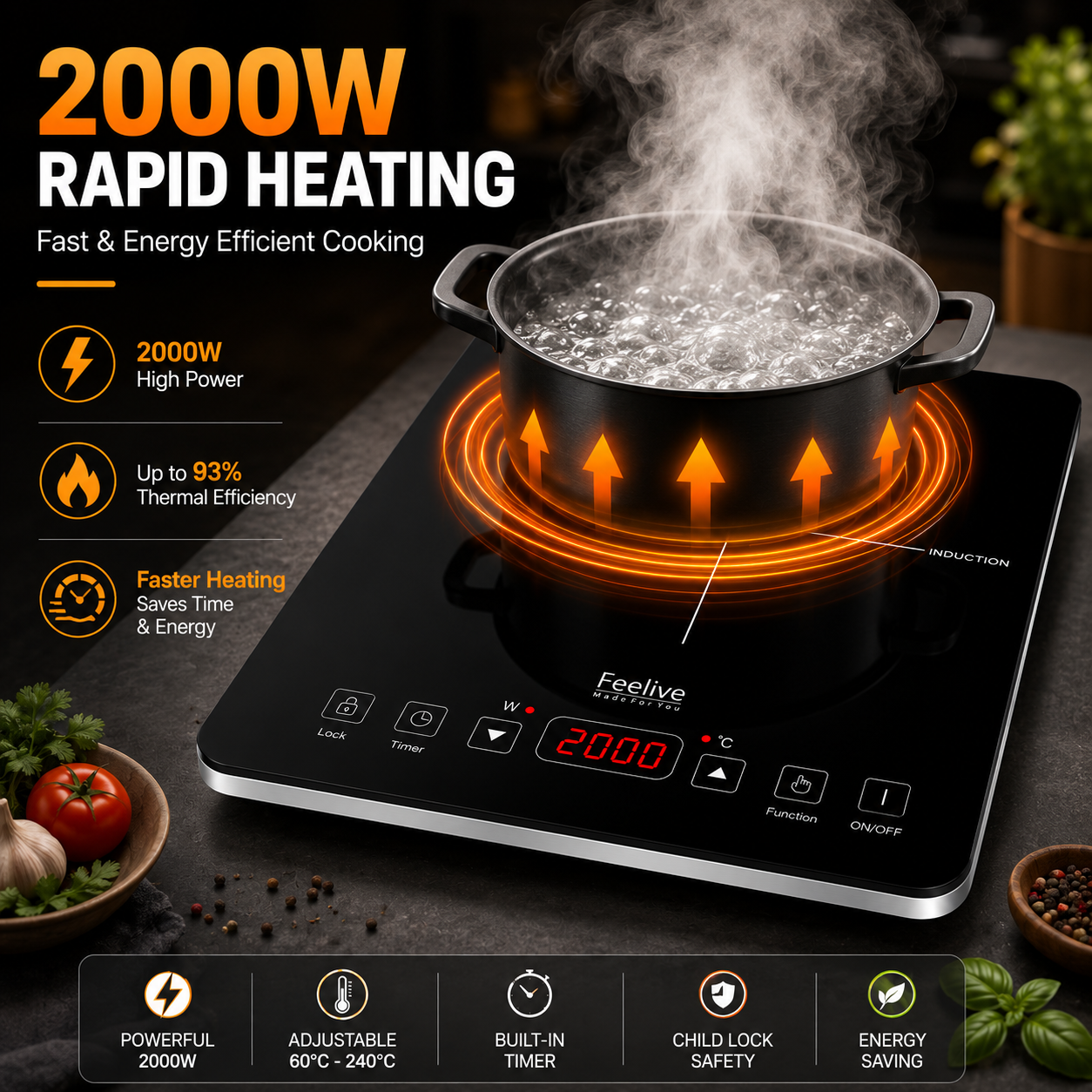 Feelive Single Portable Induction Cooktop Touch Control Black 2000W