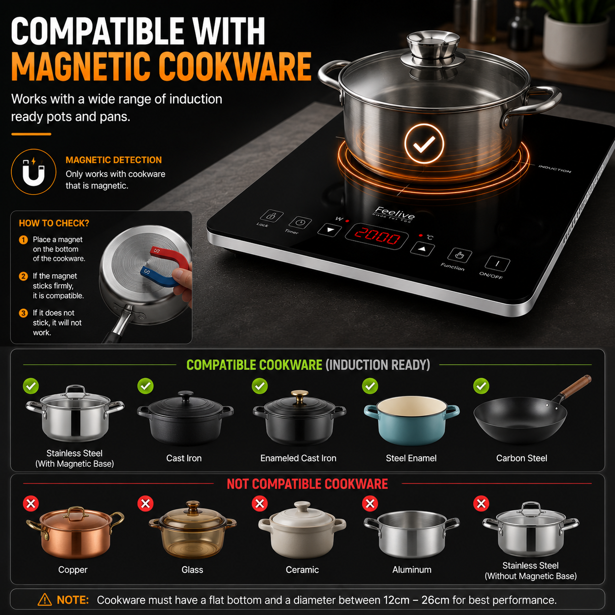 Feelive Single Portable Induction Cooktop Touch Control Black 2000W