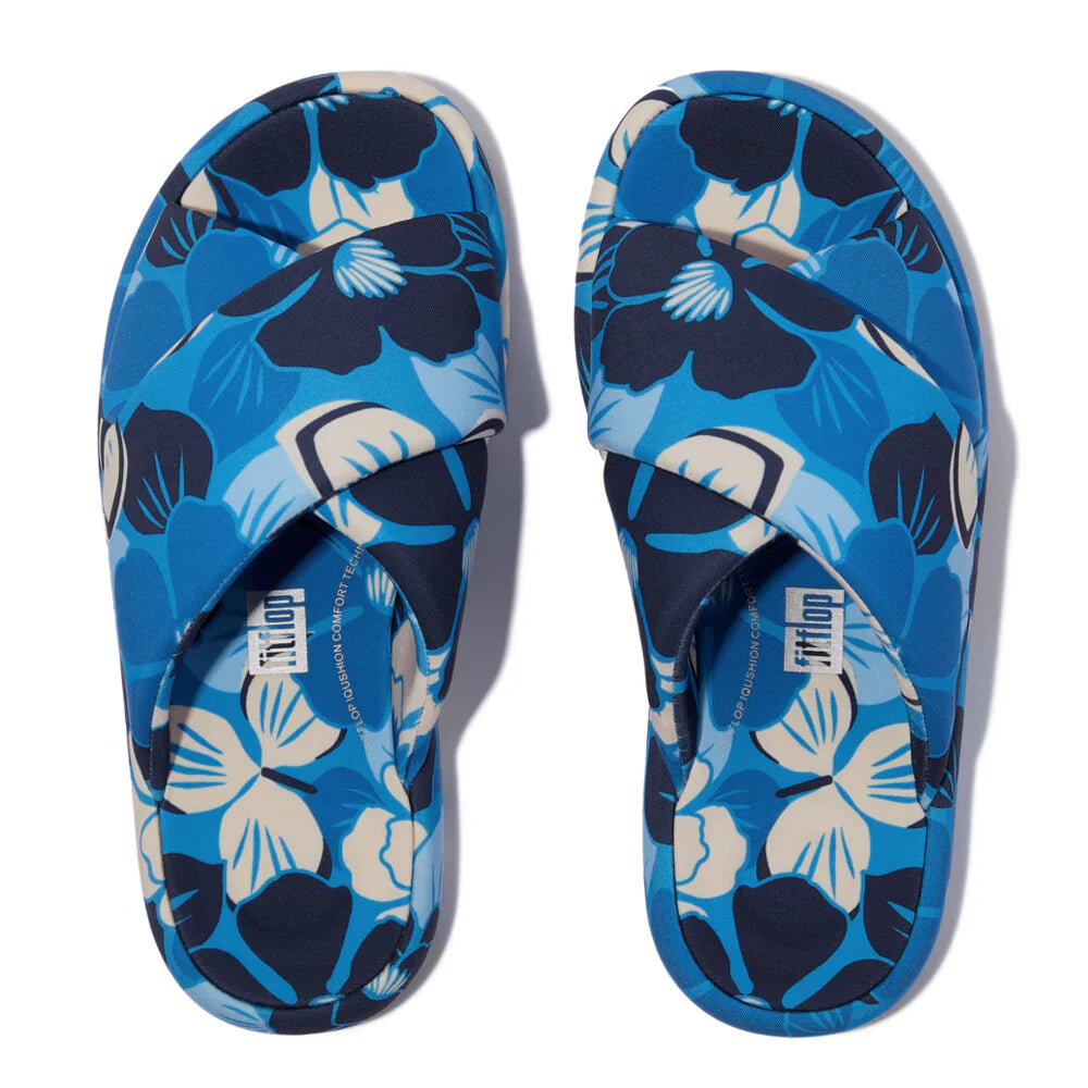 FitFlop - iQushion D-Luxe Padded Flowerz Cross Slides Blue Mix