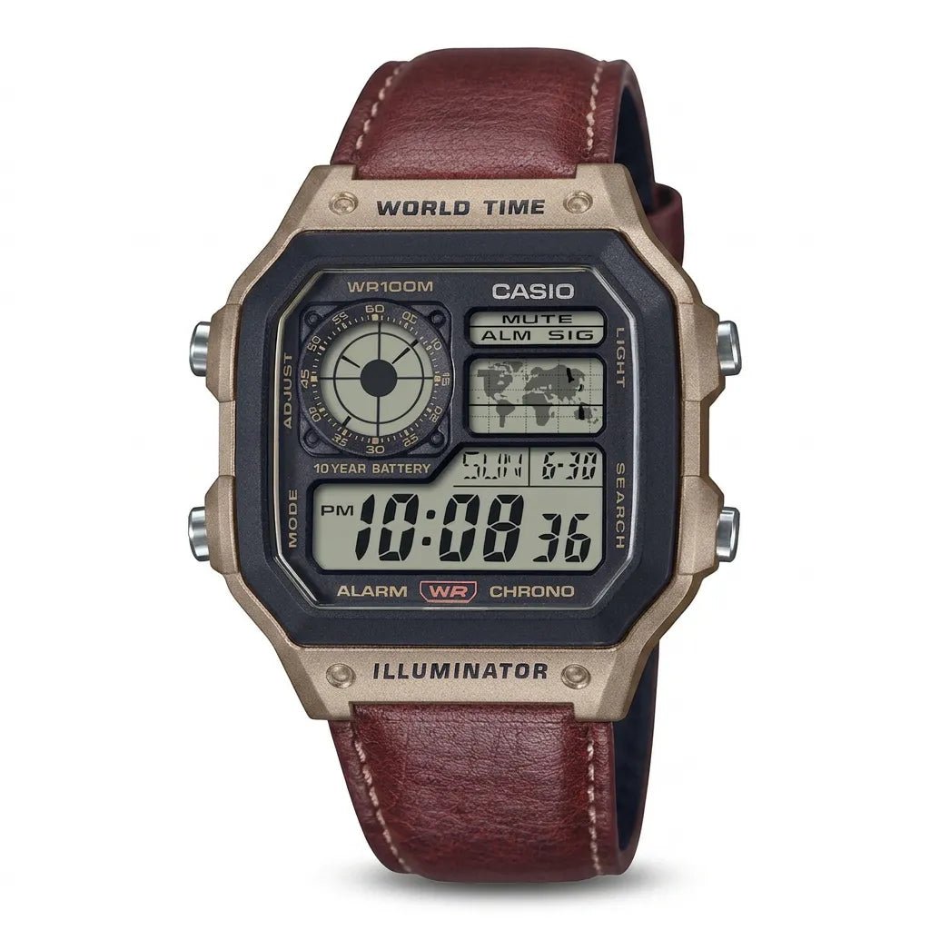 Casio World Time Digital Quartz Brown Leather Strap Casio AE-1200WHL-5AVDF - Shopping4Africa
