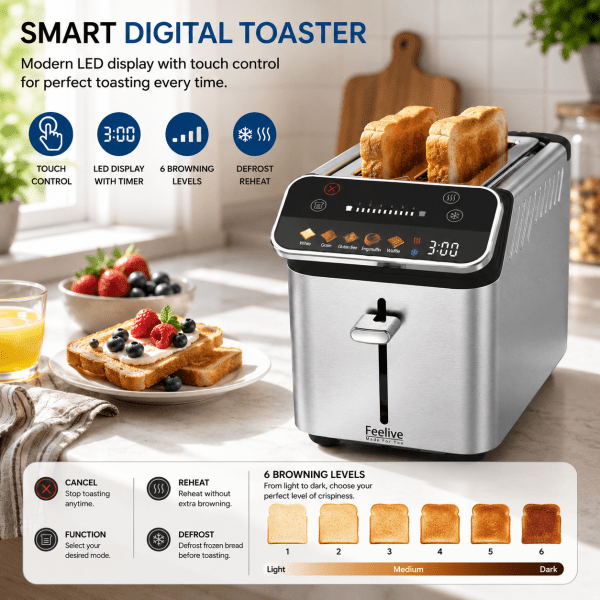 Feelive 2 Slice Stainless Steel Digital Toaster with LED Display - Shopping4Africa