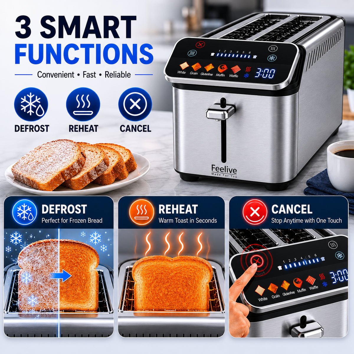 Feelive 4 Slice Digital Stainless Steel Toaster with LED Display - Shopping4Africa