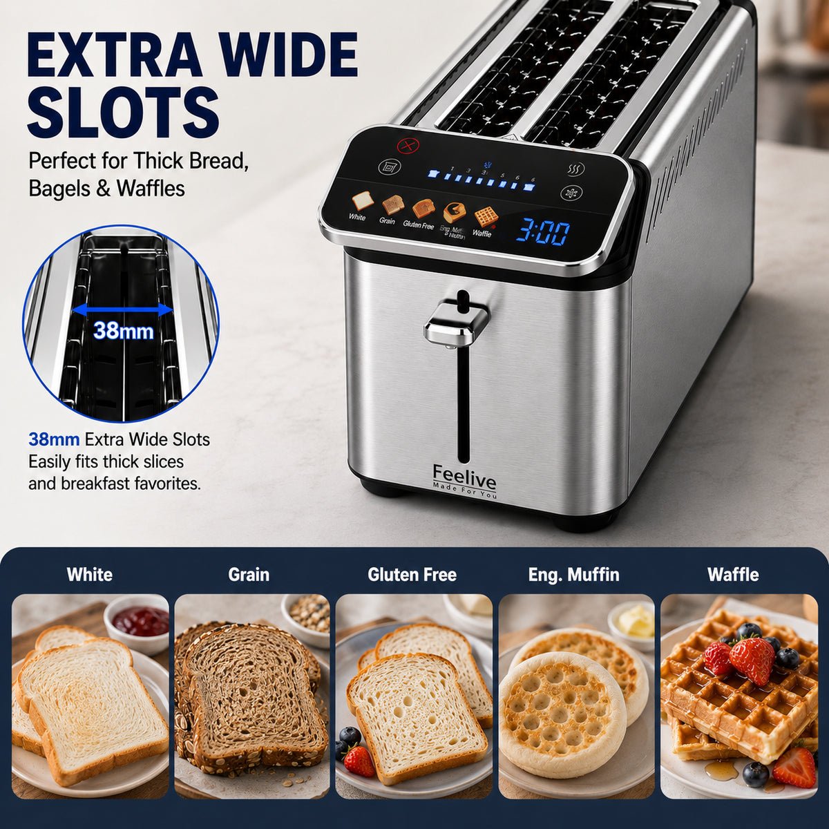Feelive 4 Slice Digital Stainless Steel Toaster with LED Display - Shopping4Africa