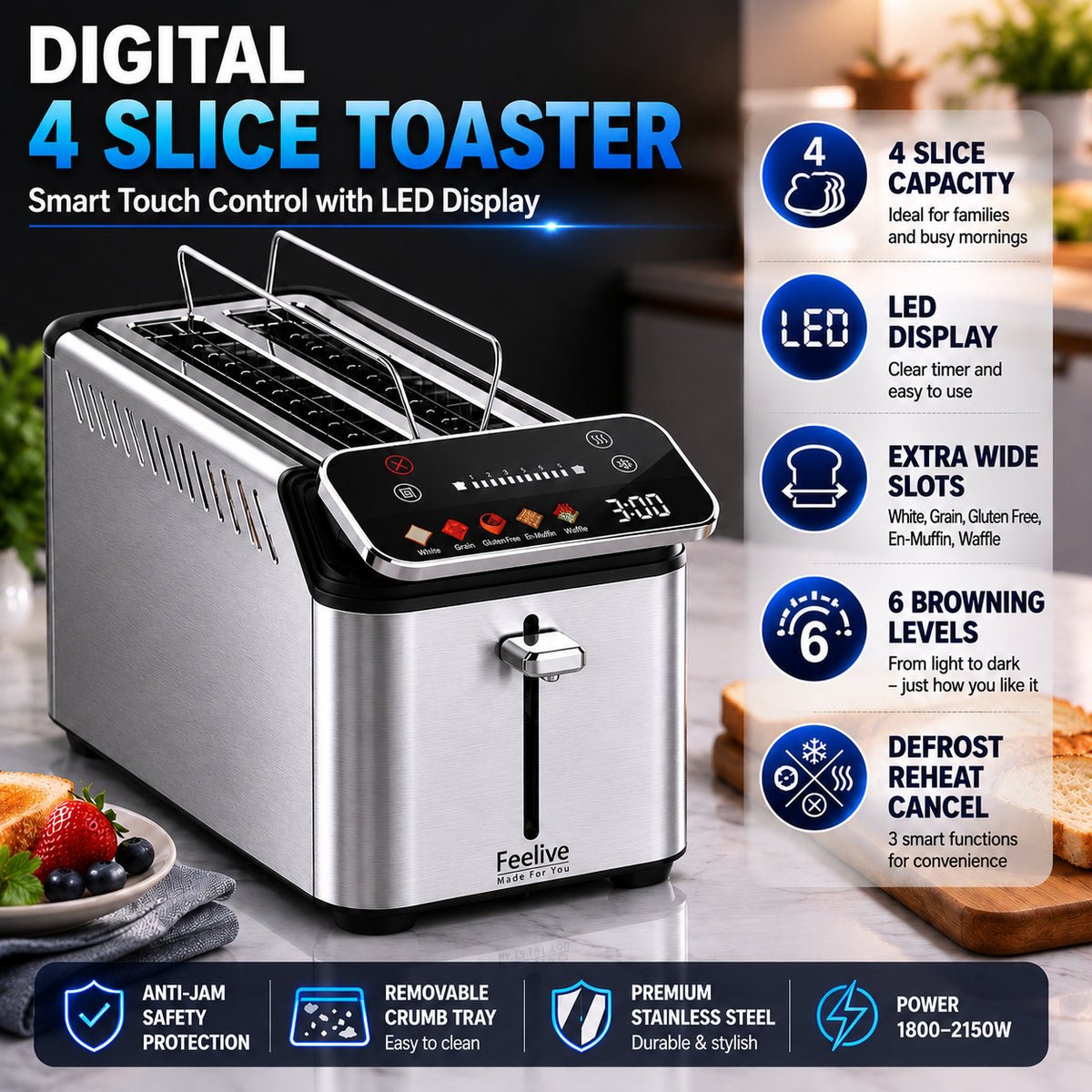 Feelive 4 Slice Digital Stainless Steel Toaster with LED Display - Shopping4Africa