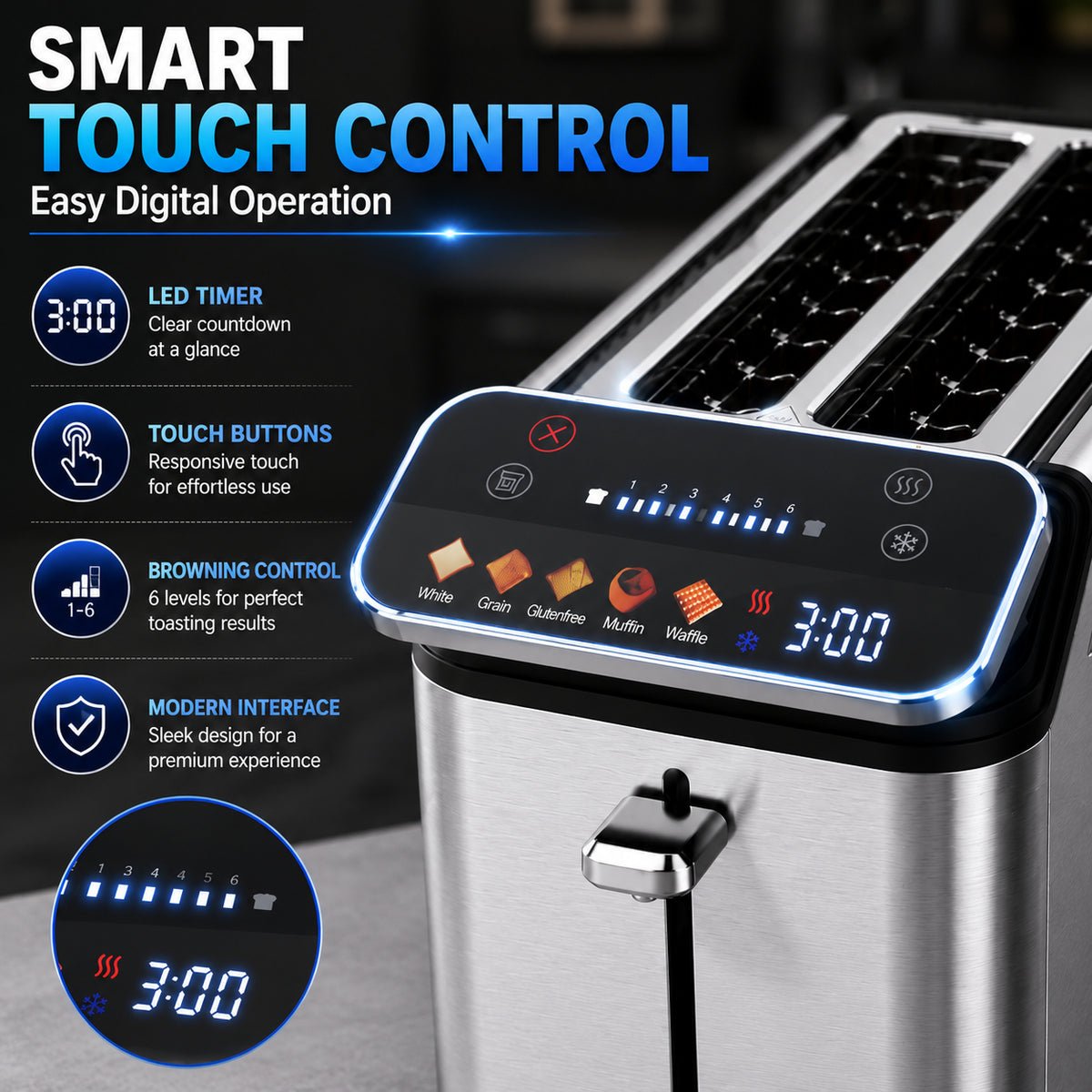Feelive 4 Slice Digital Stainless Steel Toaster with LED Display - Shopping4Africa