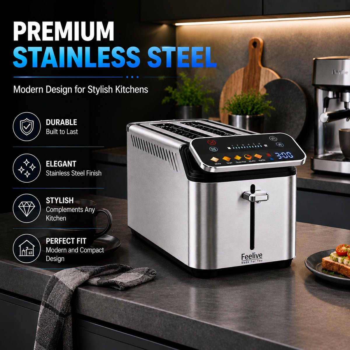 Feelive 4 Slice Digital Stainless Steel Toaster with LED Display - Shopping4Africa