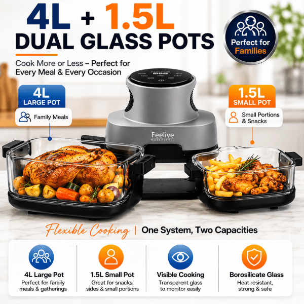 Feelive Crispy 4L+1.5L Dual Glass Digital Air Fryer 1500W - Shopping4Africa