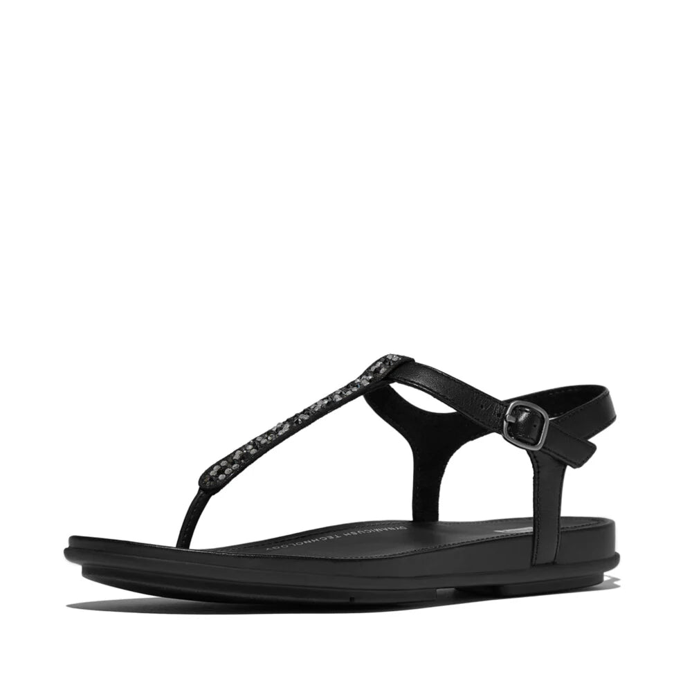 FitFlop Gracie Crystal - Mix Leather T - Bar Sandals Black - Shopping4Africa