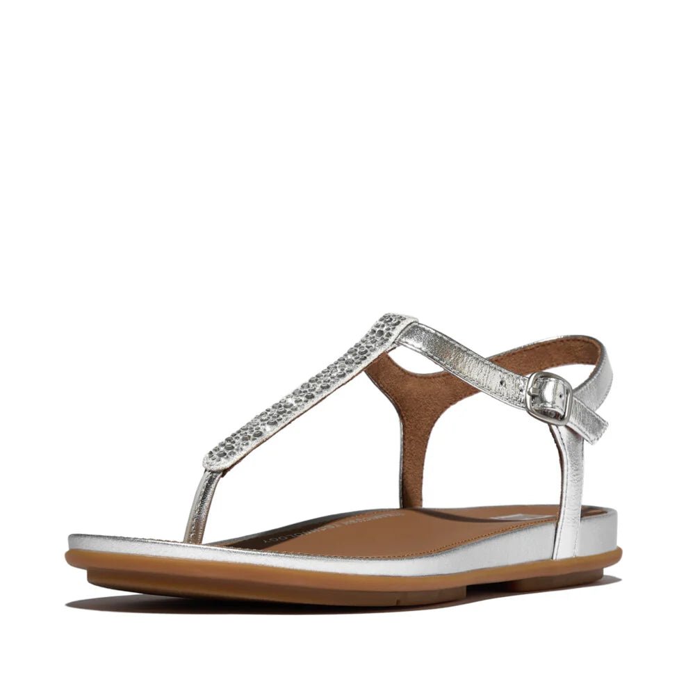 FitFlop Gracie Crystal - Mix Leather T - Bar Sandals Silver - Shopping4Africa