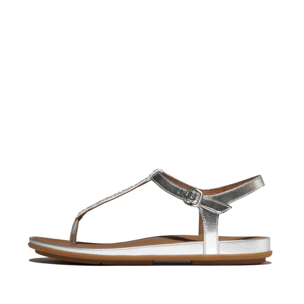 FitFlop Gracie Crystal - Mix Leather T - Bar Sandals Silver - Shopping4Africa