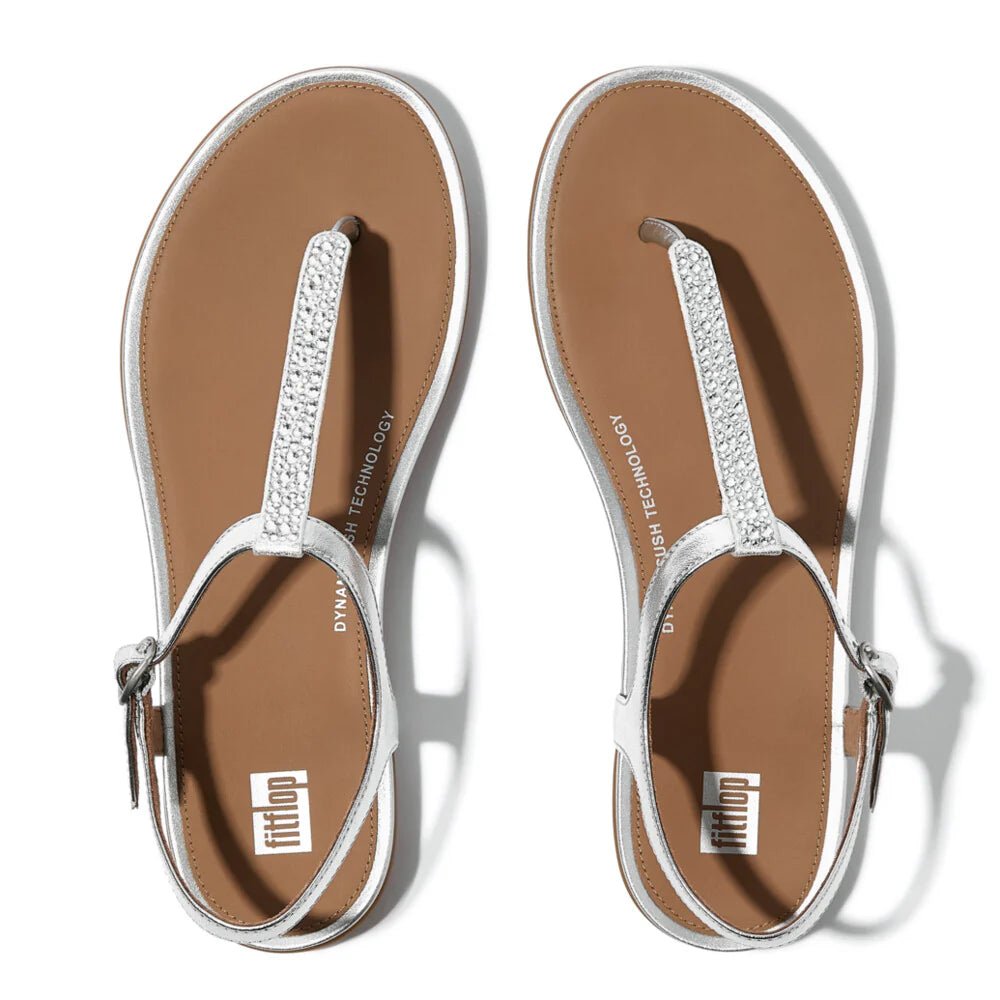FitFlop Gracie Crystal - Mix Leather T - Bar Sandals Silver - Shopping4Africa
