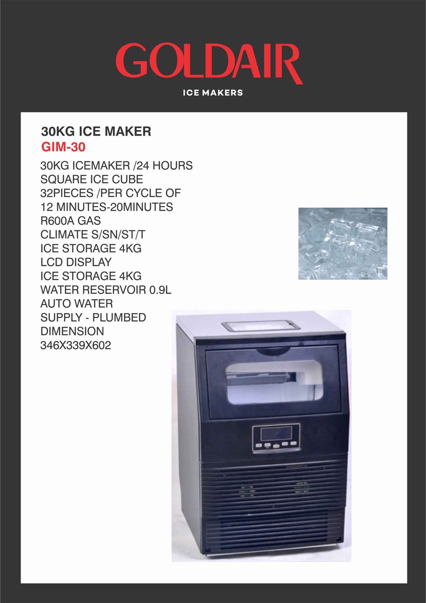 Goldair 30Kg/24Hrs Matt Black Plumbed-In Ice Maker Square Cubes GIM-30 - Shopping4Africa