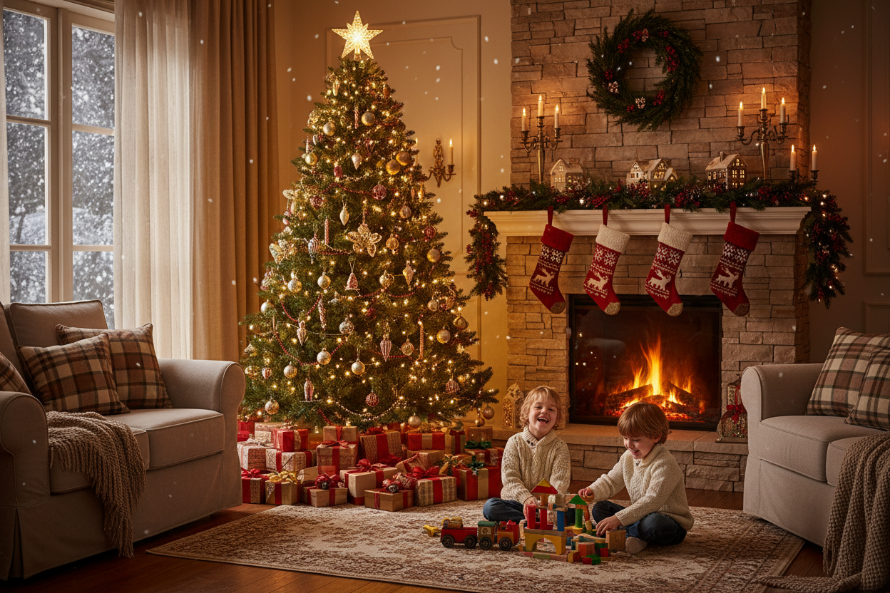 Kids playing with toys at a christmas tree, warm and cozy and stockings hanging from a fireplace (with fire).