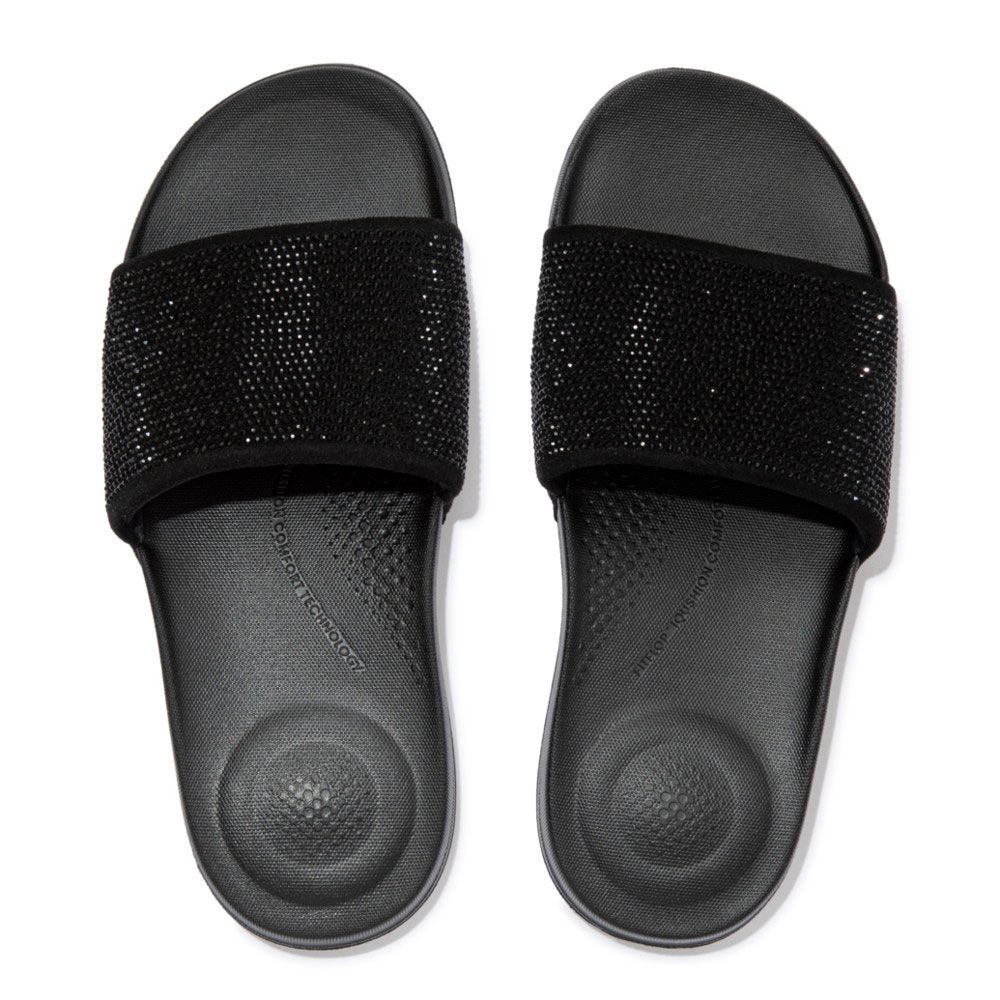 FitFlop iQushion Embellished Slides All Black - Shopping4Africa